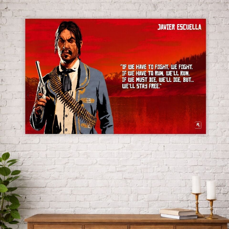 Özgürlük Temalı Western Duvar Örtüsü – Kırmızı Tonlarda Dekoratif Kumaş Baskı